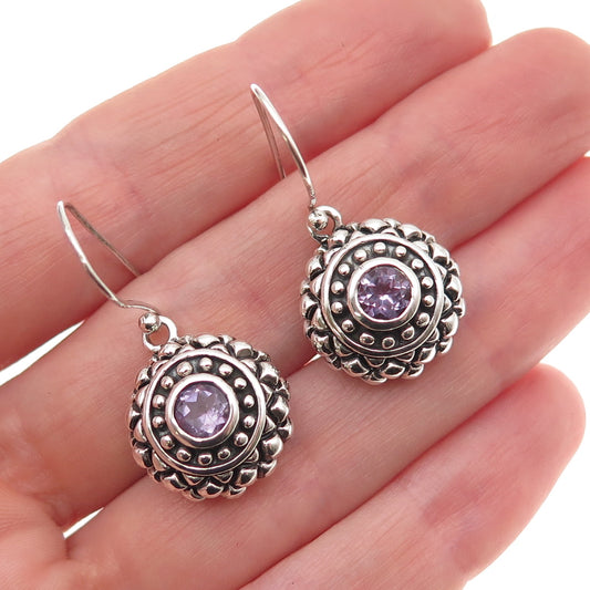 925 Sterling Silver Vintage Real Amethyst Oxidized Dangle Earrings
