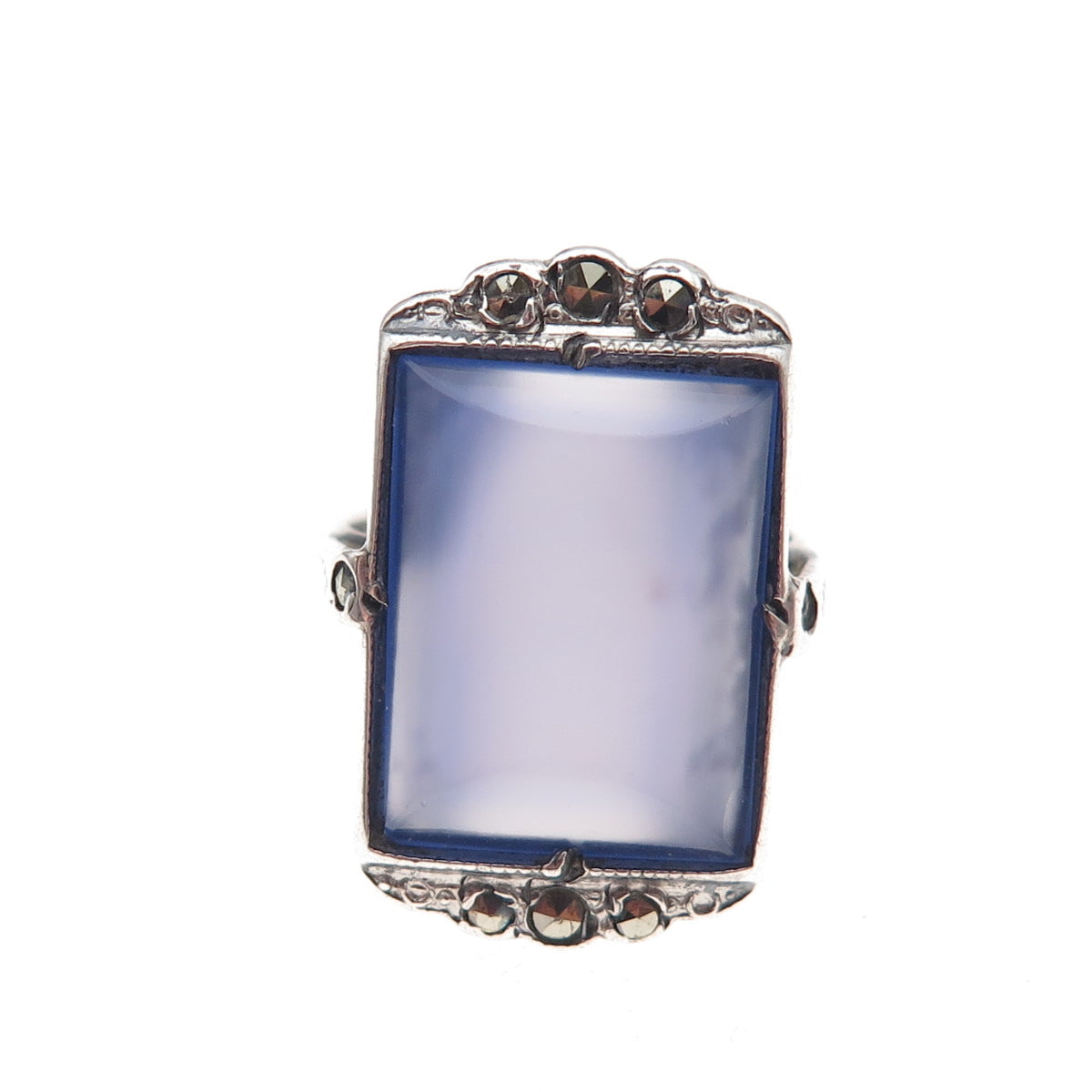 925 Sterling Antique Real Chalcedony & Marcasite Ring Size 5.75 (missing stone)