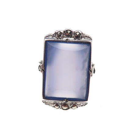 925 Sterling Antique Real Chalcedony & Marcasite Ring Size 5.75 (missing stone)