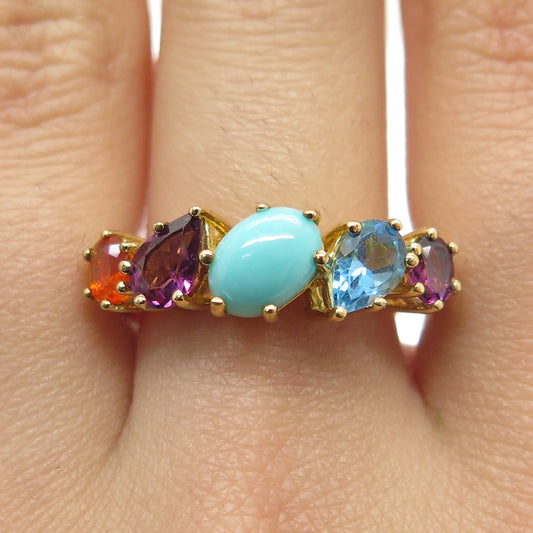 925 Sterling Silver Gold Plated Real Turquoise Topaz Amethyst & Opal Ring Size 7