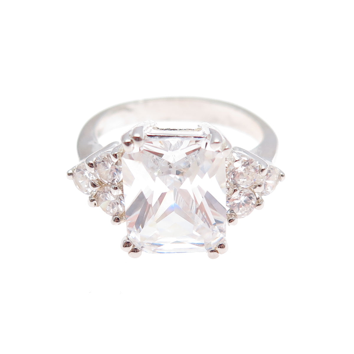925 Sterling Silver Vintage Radiant & Round-Cut C Z Engagement Ring Size 7