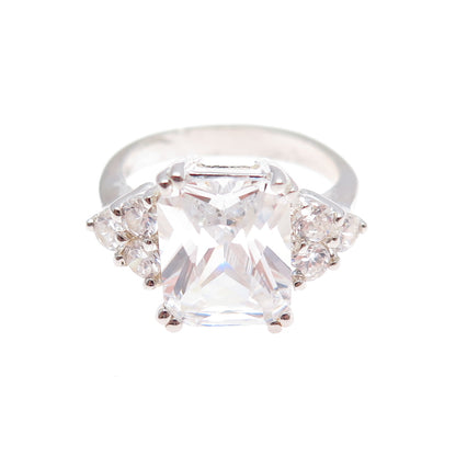 925 Sterling Silver Vintage Radiant & Round-Cut C Z Engagement Ring Size 7