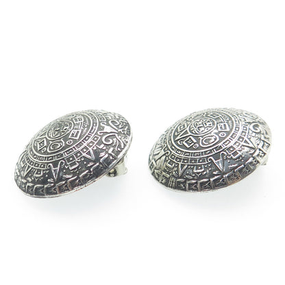 925 Sterling Silver Vintage Mexico Mayan Calendar Oxidized Clip On Earrings