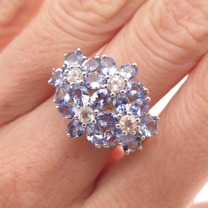 925 Sterling Silver Gold Plated Real Tanzanite & White Topaz Ring Size 8
