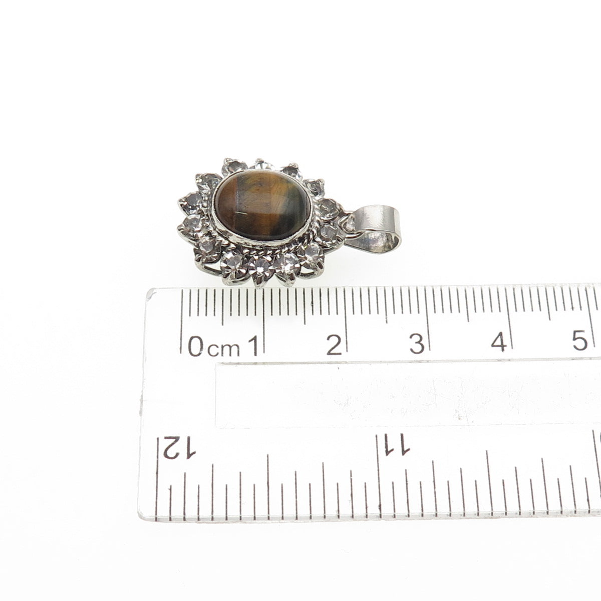 925 Sterling Silver Vintage Real Tiger Eye & Rhinestone Oxidized Charm Pendant