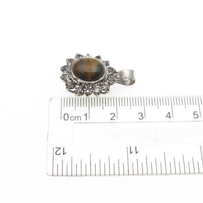 925 Sterling Silver Vintage Real Tiger Eye & Rhinestone Oxidized Charm Pendant