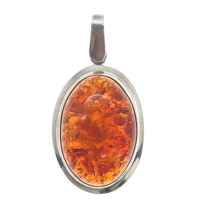 925 Sterling Silver Vintage Poland Real Cabochon Amber Pendant