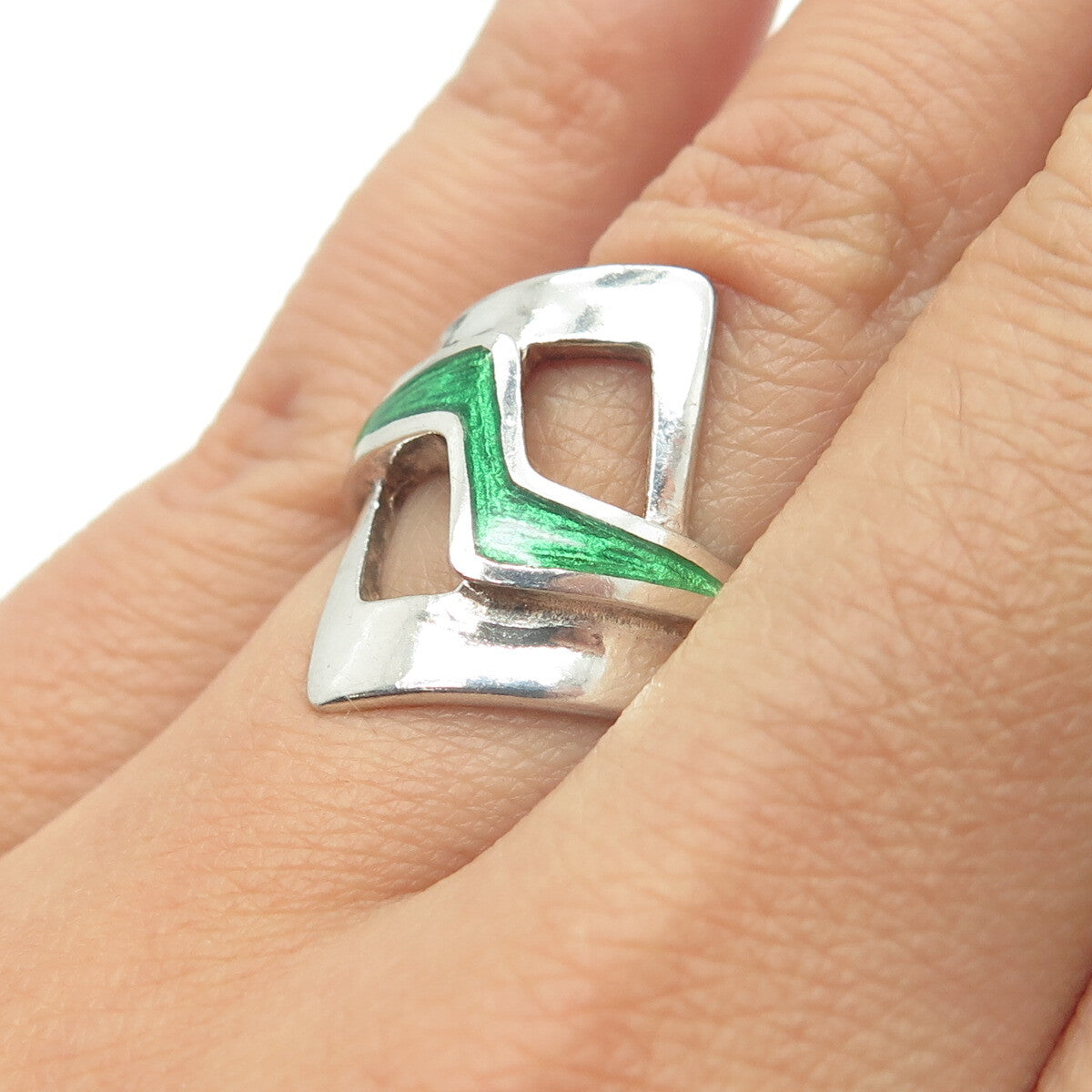 925 Sterling Silver Vintage Italy Green Enamel Adjustable Ring Size 6