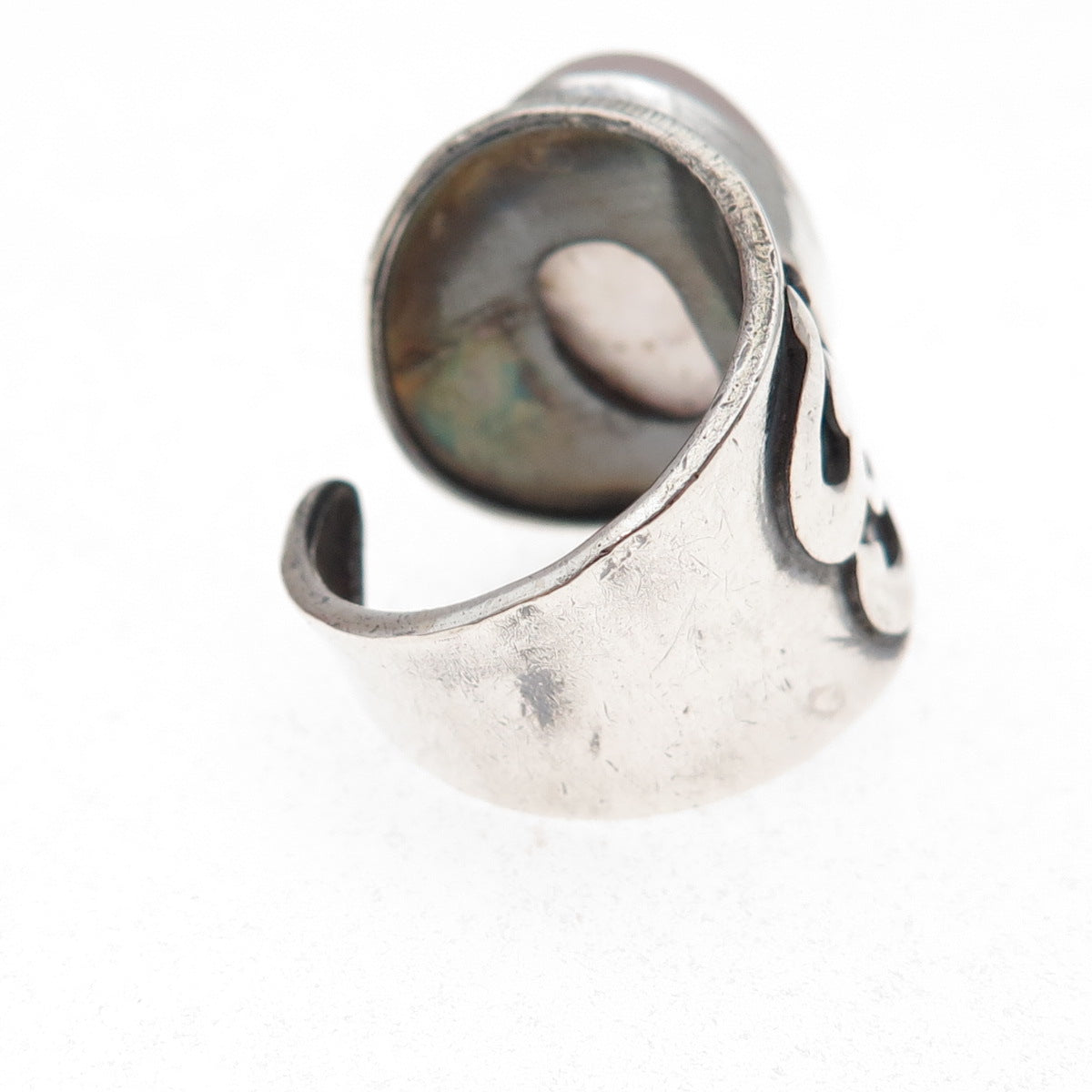 925 Sterling Silver Vintage Real Rose Quartz Om Mantra Adjustable Ring Size 8.5
