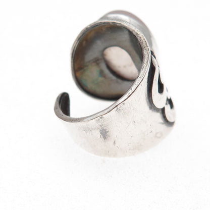 925 Sterling Silver Vintage Real Rose Quartz Om Mantra Adjustable Ring Size 8.5