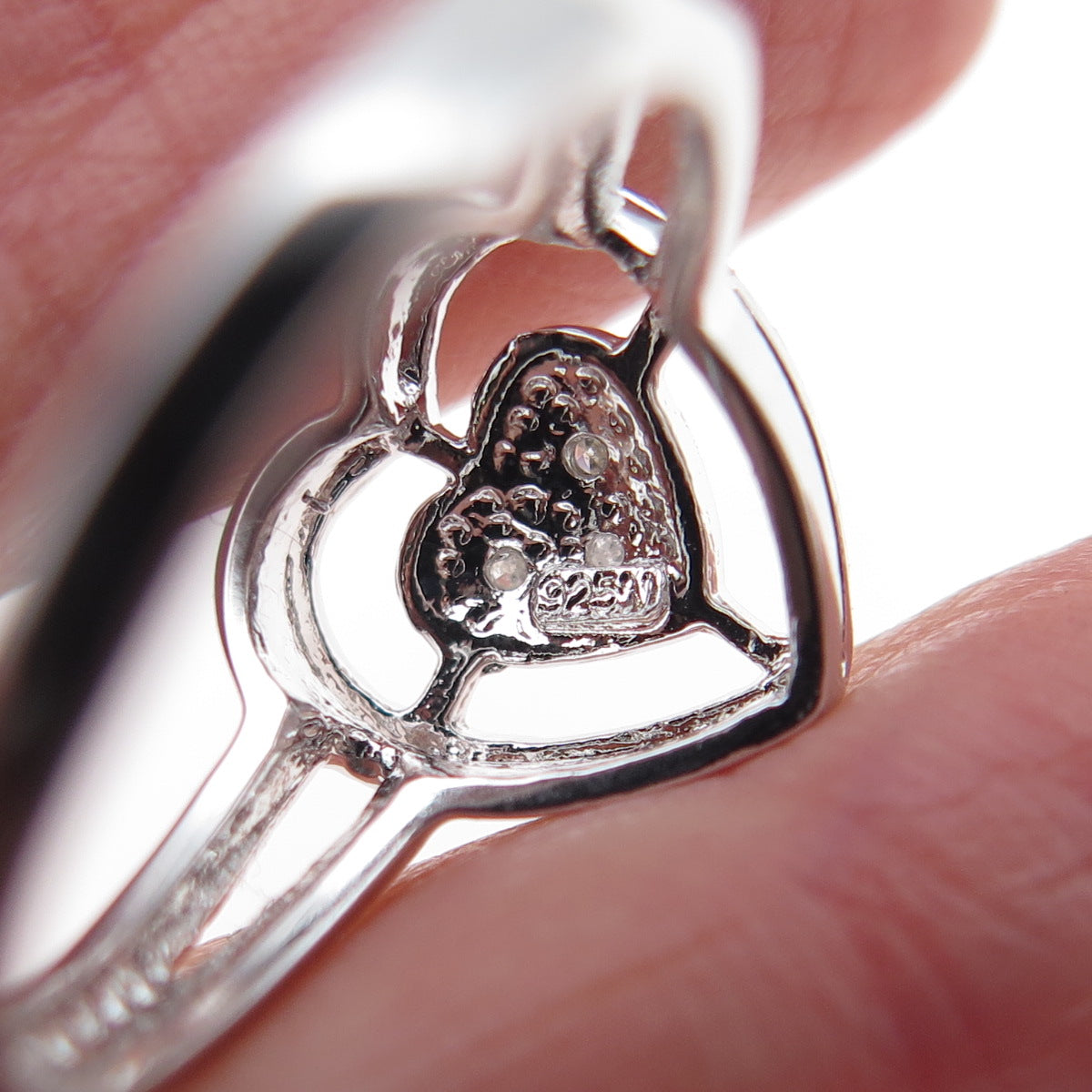 925 Sterling Silver Real Round-Cut Diamond Heart Ring Size 5.75