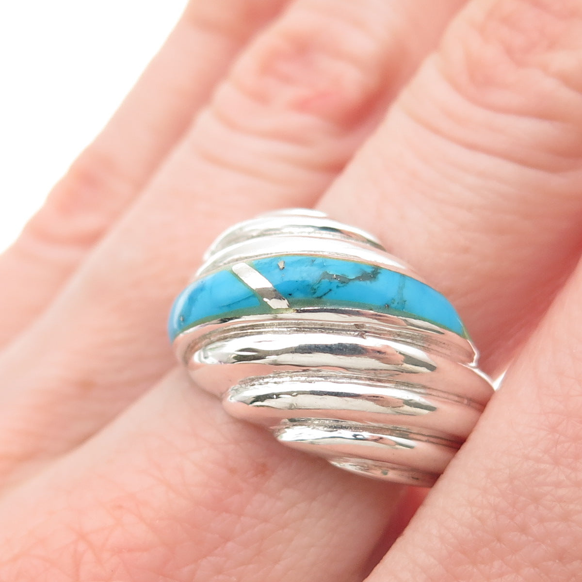 925 Sterling Silver Vintage Real Turquoise Modernist Ribbed Ring Size 9.5