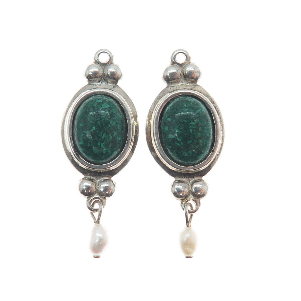 COLEMAN CO. Sterling Silver Vintage Real Malachite Inlay & Pearl Jacket Earrings