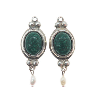 COLEMAN CO. Sterling Silver Vintage Real Malachite Inlay & Pearl Jacket Earrings