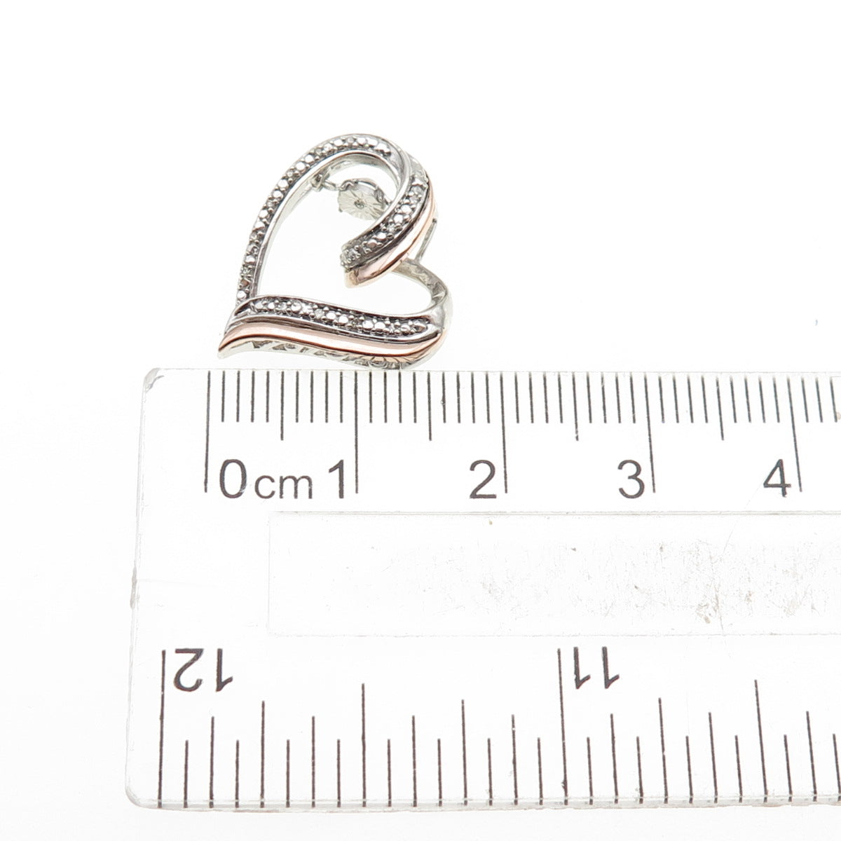 925 Sterling Silver 10K Rose Gold Real Diamond Heart Mini Slide Charm Pendant