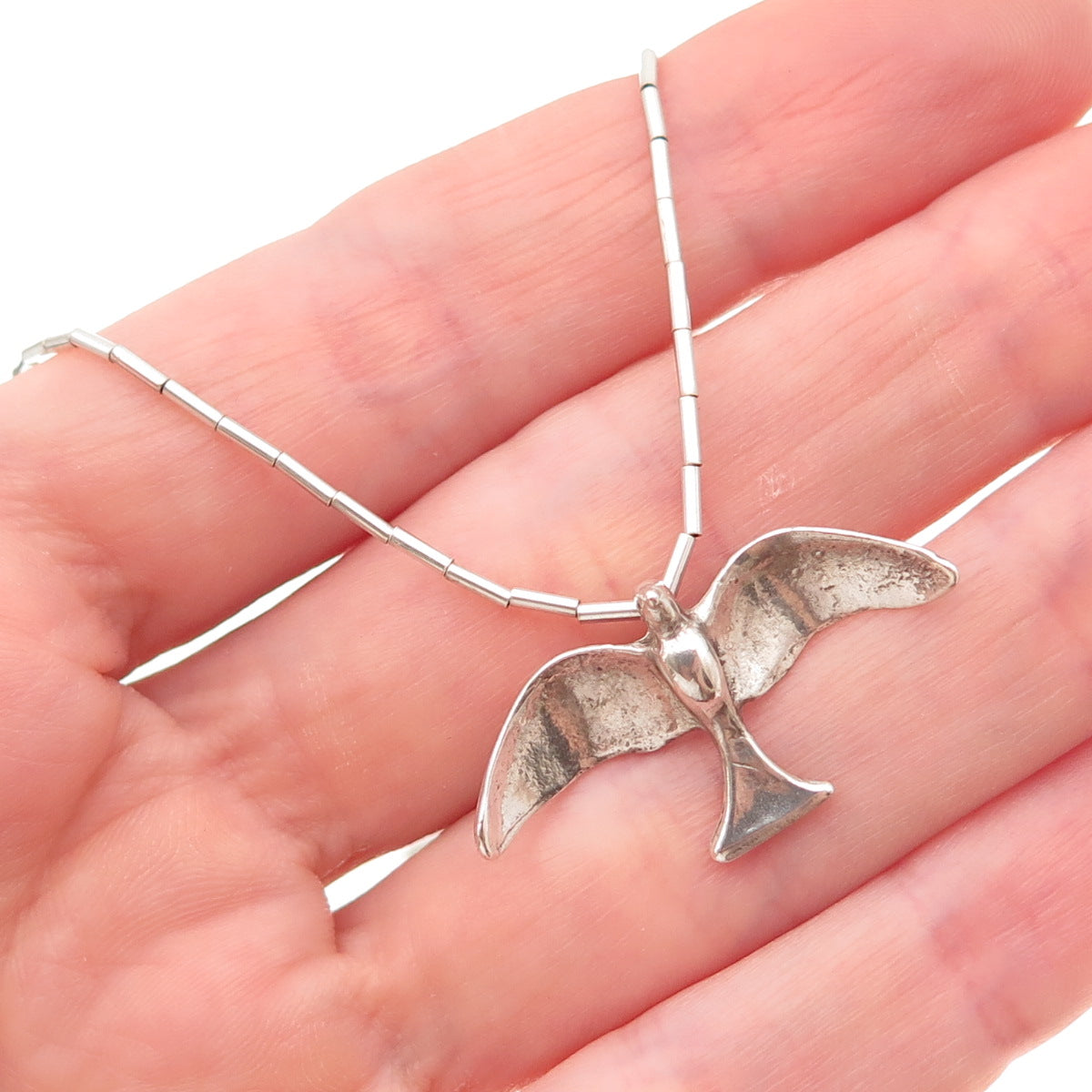 Old Pawn Sterling Silver Vintage Fetish Bird Tribal Liquid Chain Necklace 16"