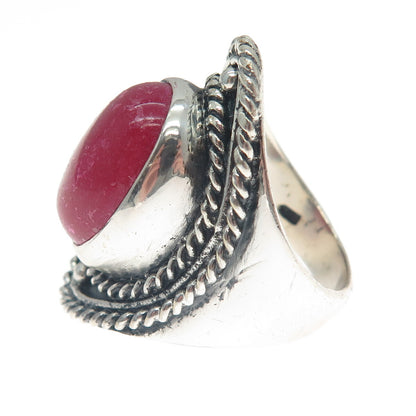 925 Sterling Silver Vintage Real Rhodonite Roped Oxidized Ring Size 8.75
