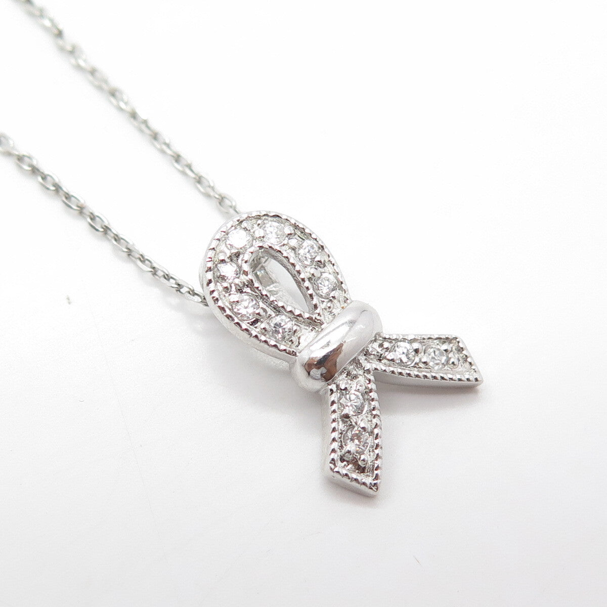 925 Sterling Silver Italy White C Z Bow Cable Chain Necklace 18"