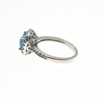 925 Sterling Silver Real Cushion-Cut Blue & Round-Cut White Topaz Ring Size 7