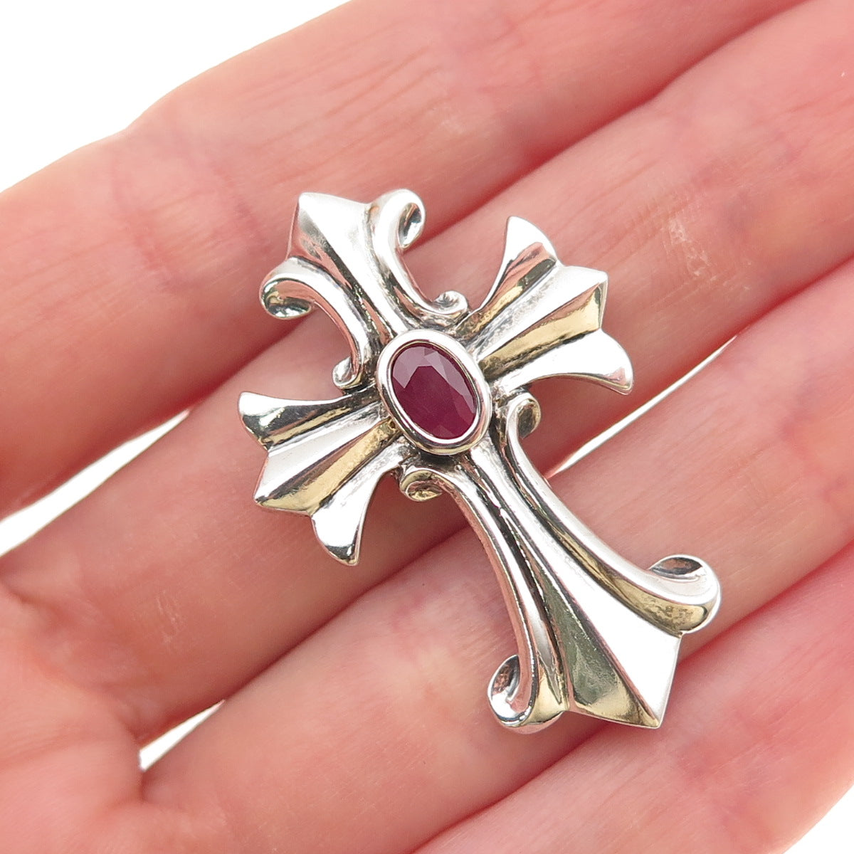 Michelle Albala 925 Sterling Silver Vintage Real Ruby Cross Slide Charm Pendant