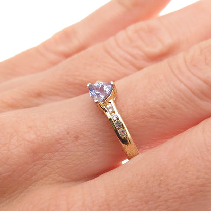 925 Sterling Silver Gold Plated Real Tanzanite & White Topaz Ring Size 7.25