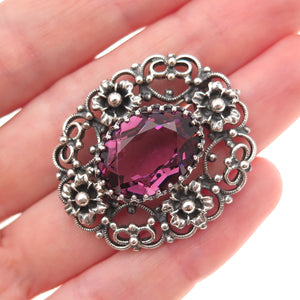 Danecraft Sterling Silver Antique Art Deco Real Amethyst Floral Heart Pin Brooch
