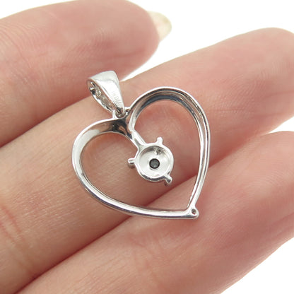 HAN 925 Sterling Silver Real Round-Cut White & Black Diamond Heart Pendant