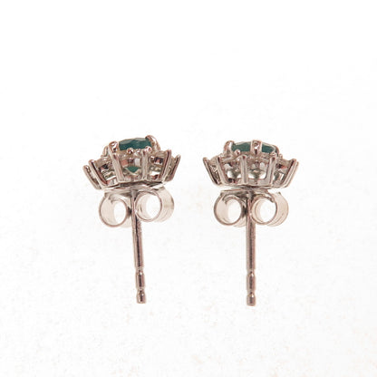 925 Sterling Silver Real Round-Cut Emerald & White Topaz Floral Stud Earrings
