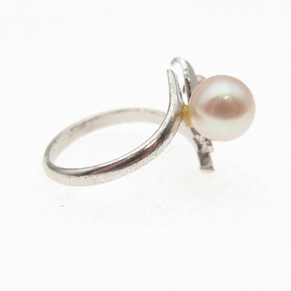 925 Sterling Silver Antique Art Deco Real Akoya Pearl Floral Ring Size 6.75