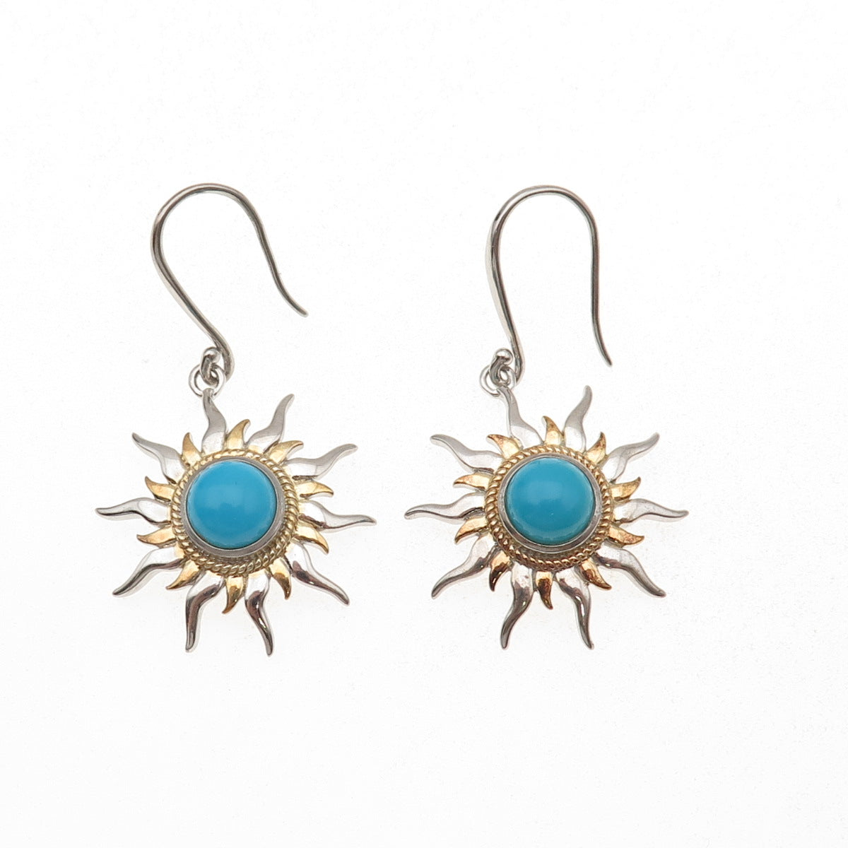 925 Sterling Silver 2-Tone Real Sleeping Beauty Turquoise Sun Dangle Earrings