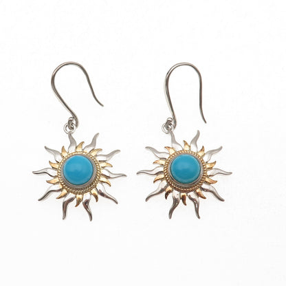 925 Sterling Silver 2-Tone Real Sleeping Beauty Turquoise Sun Dangle Earrings