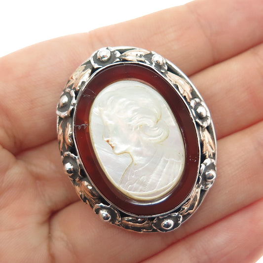 925 Sterling Silver Gold Antique Real MOP & Carnelian Lady Cameo Pin Brooch