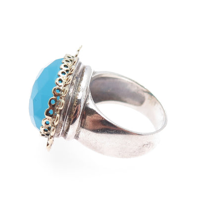 925 Sterling Silver 2-Tone Vintage Real Blue Chalcedony Flower Ring Size 7