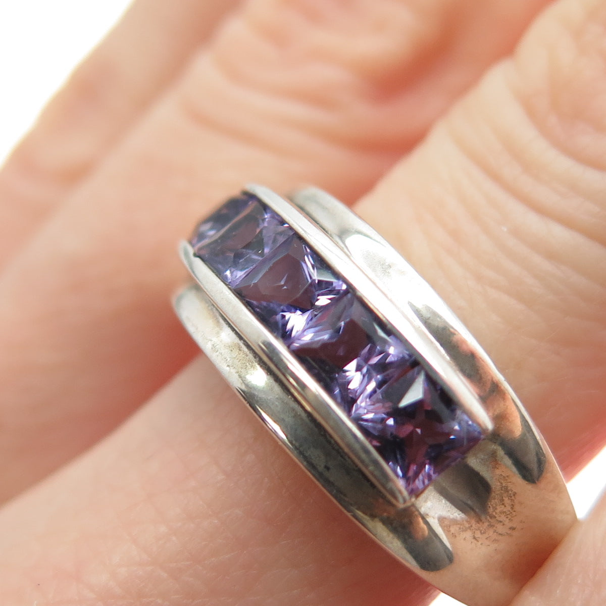 MICHELLE ALBALA 925 Sterling Silver Vintage Princess-Cut Amethyst Ring Size 9.25