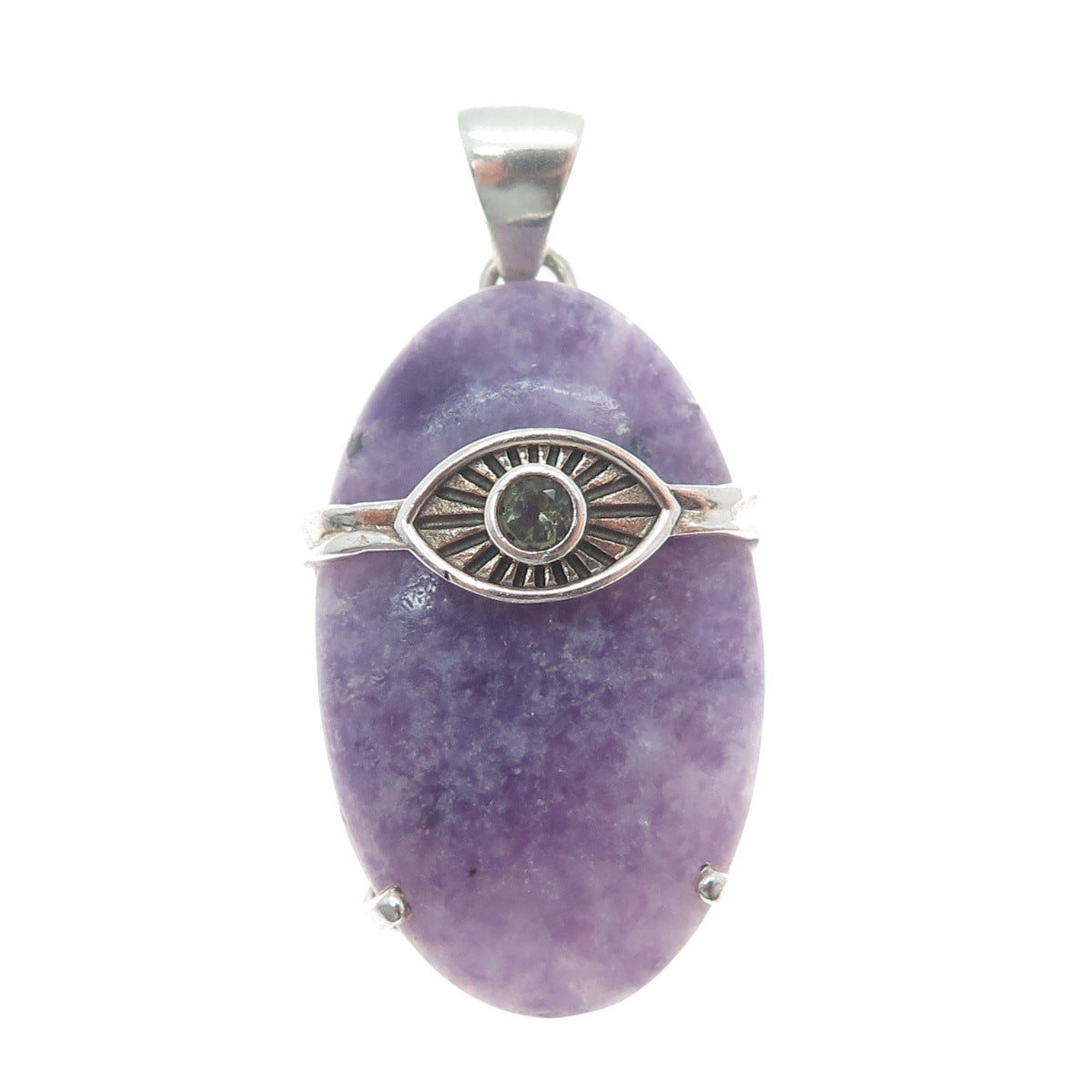 925 Sterling Silver Vintage Real Lepidolite & Peridot Evil's Eye Charm Pendant