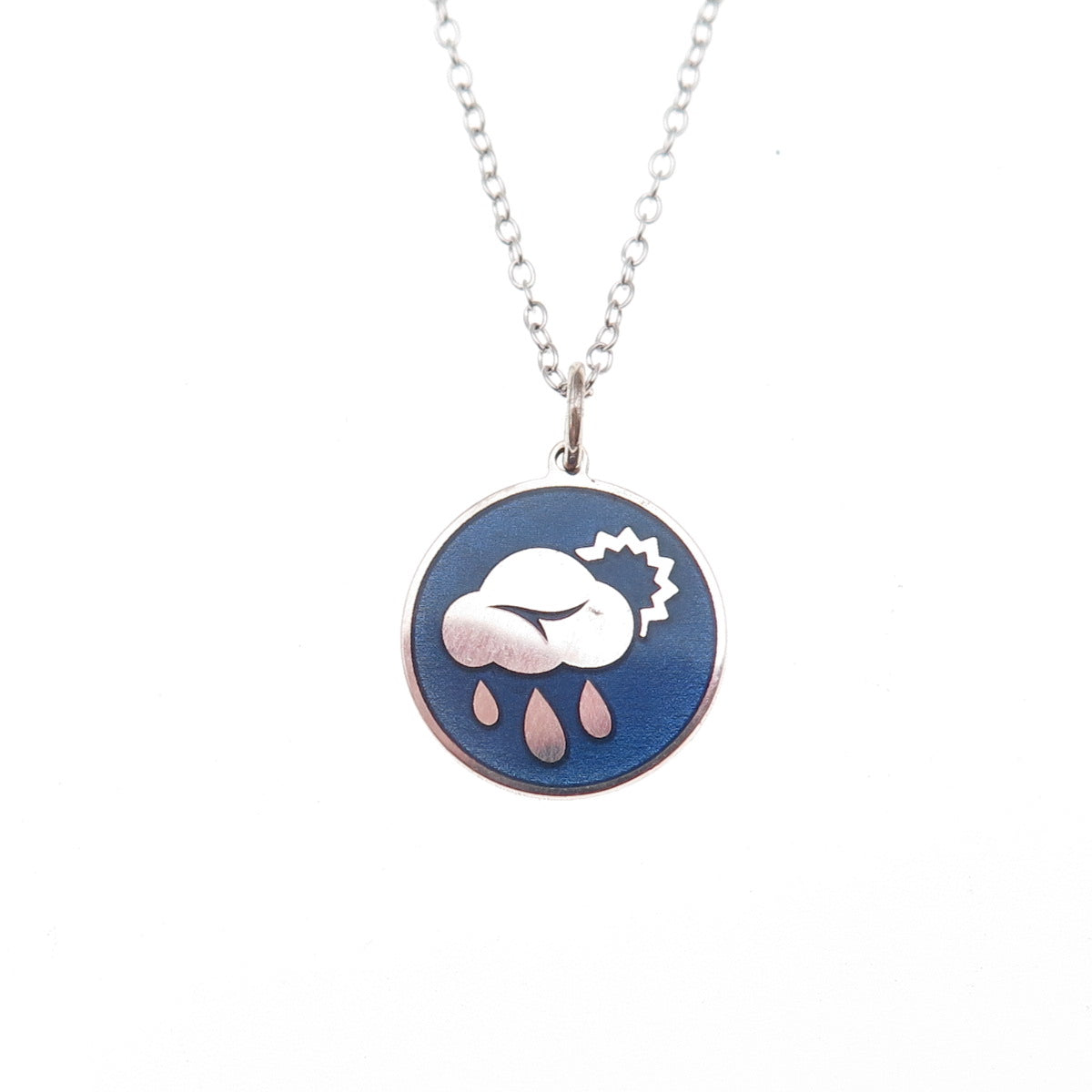925 Sterling Silver Enamel Sunshower Cloud & Raindrop Cable Chain Necklace 18"