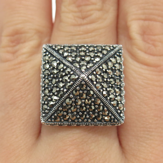 925 Sterling Silver Vintage Real Marcasite Pyramid Statement Ring Size 8.75