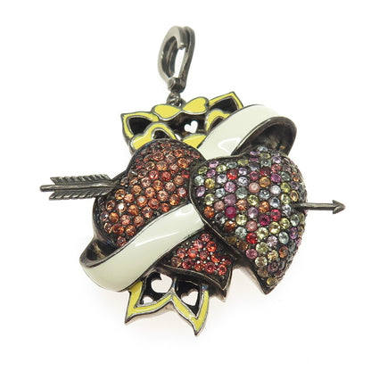 925 Sterling Silver Black Rhodium Enamel Real Multi-Color Sapphire Heart Pendant