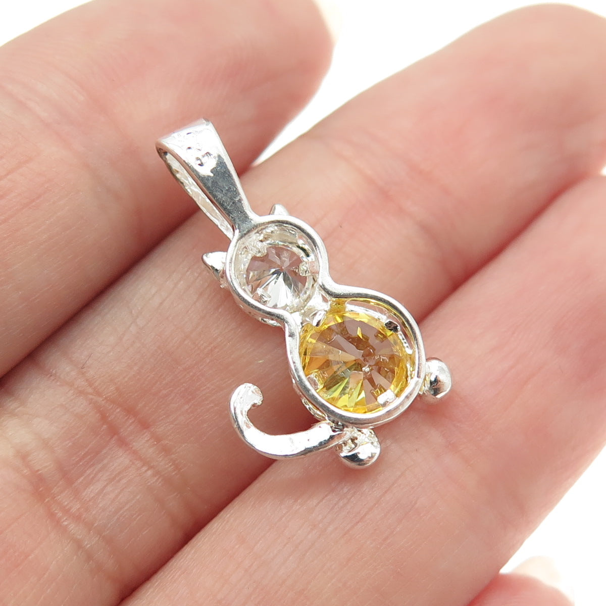 925 Sterling Silver Round-Cut White & Canary C Z Cat Minimalist Pendant