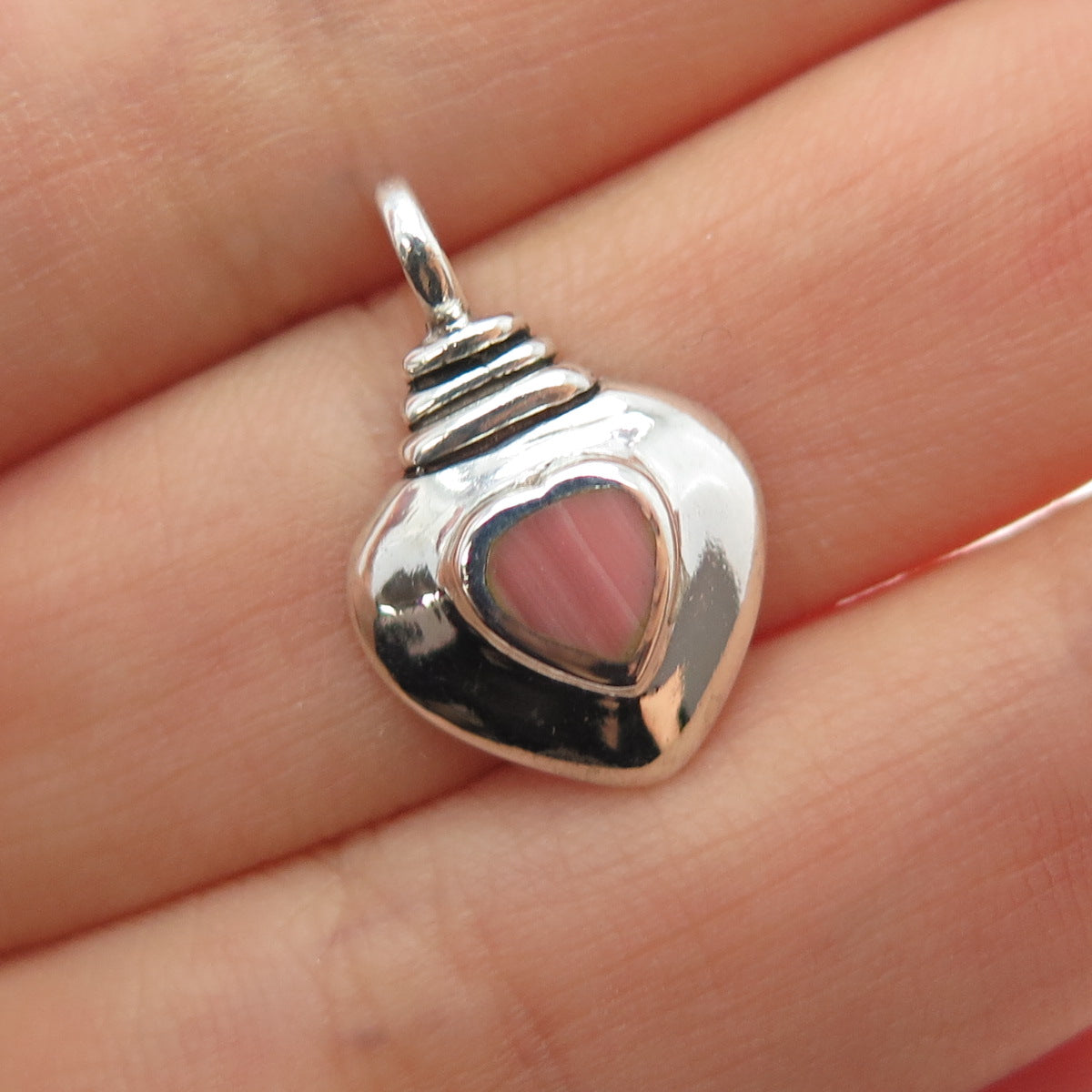 925 Sterling Silver Vintage Real Rhodochrosite Heart Mini Charm Pendant