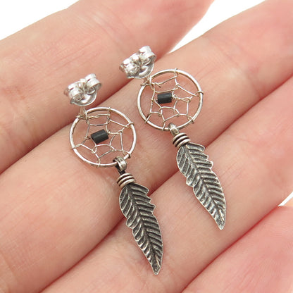 925 Sterling Silver Vintage Southwestern Real Black Onyx Dreamcatcher Earrings