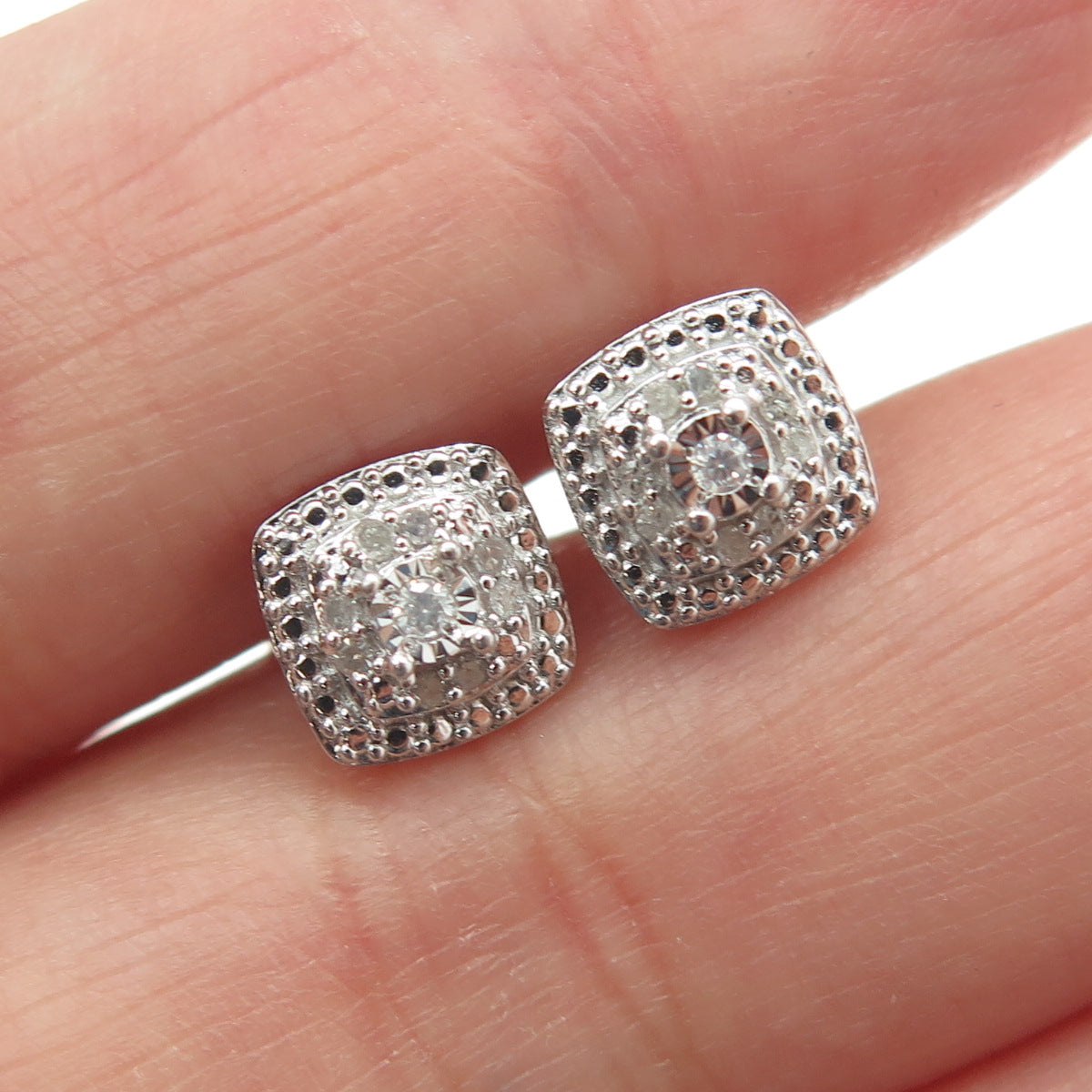 MACYS 925 Sterling Silver Real 1/10CTTW AA7 SS Bridge Diamond Cush Stud Earrings