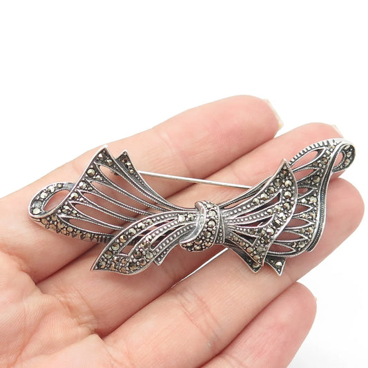 925 Sterling Silver Vintage Real Marcasite Gemstone Bow Pin Brooch