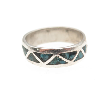Old Pawn 925 Sterling Silver Vintage Turquoise Inlay Tribal Band Ring Size 6.5