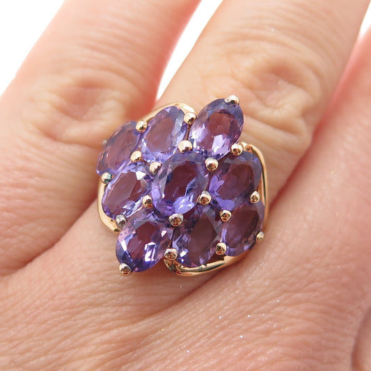 925 Sterling Silver Gold Plated Real Oval-Cut Amethyst Cluster Ring Size 7