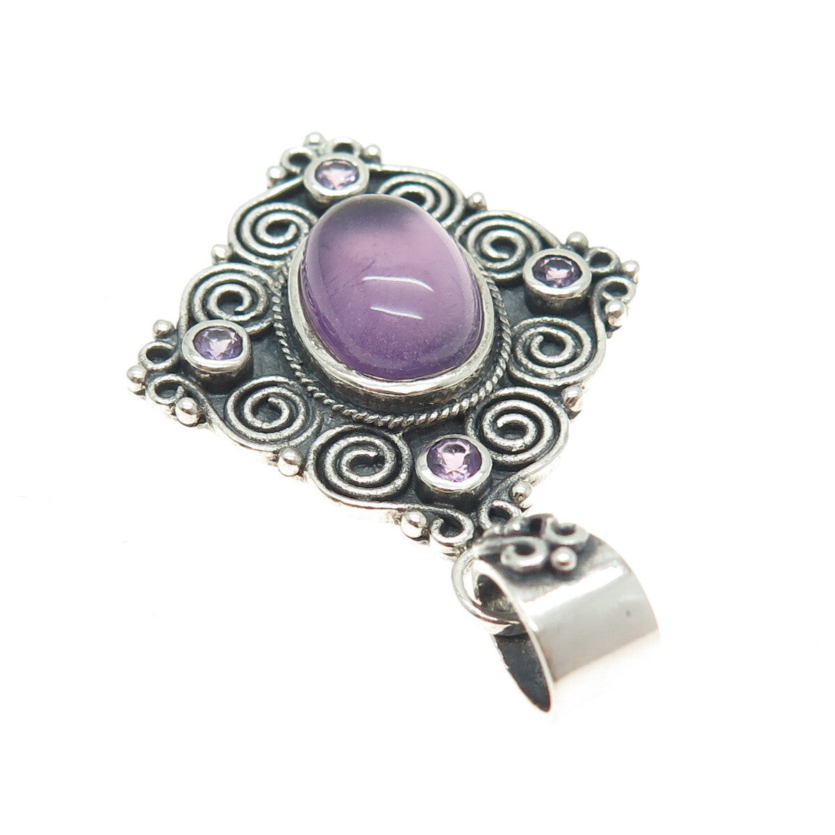 925 Sterling Silver Vintage Real Amethyst Gemstone Ethnic / Boho Pendant
