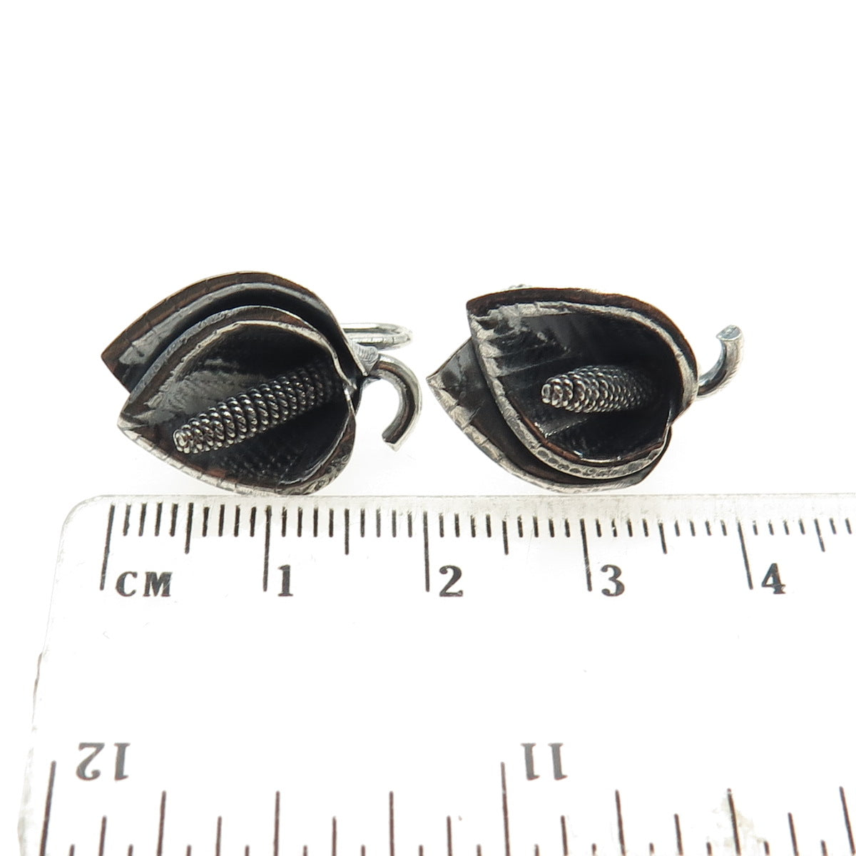 925 Sterling Silver Antique Art Deco Calla Lily Oxidized Screw Back Earrings