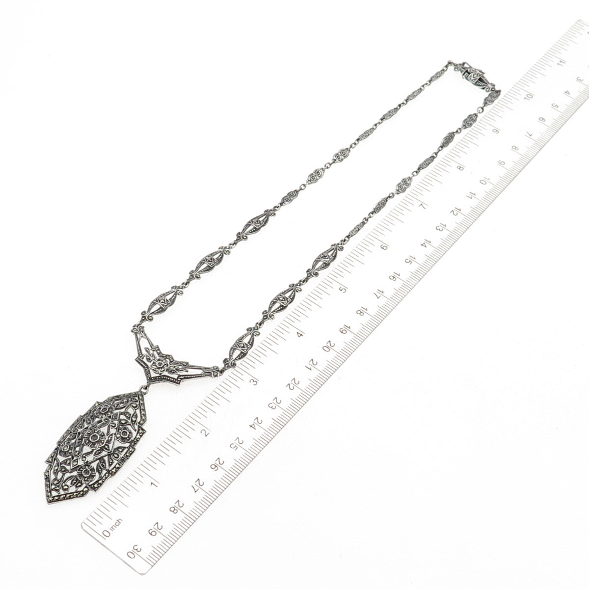 925 Sterling Antique Art Deco Real Marcasite Necklace 16" (missing 26 stones)