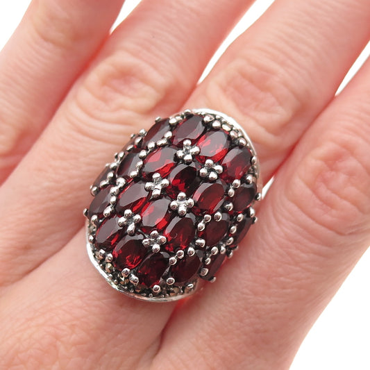 925 Sterling Silver Vintage Real Red Garnet & Marcasite Oxidized Ring Size 6