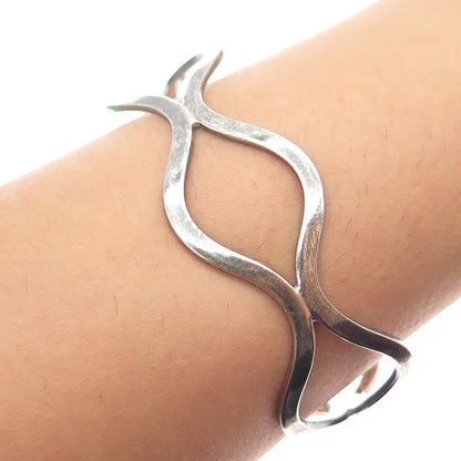 925 Sterling Silver Vintage Modernist Wavy Oxidized Adjustable Cuff Bracelet 7"